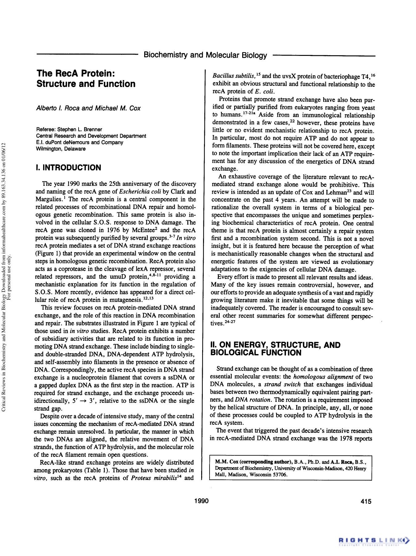 The RecA Protein: Structure and Functio by Alberto I. Roca Michael M. Cox & Stephen L. Brenner