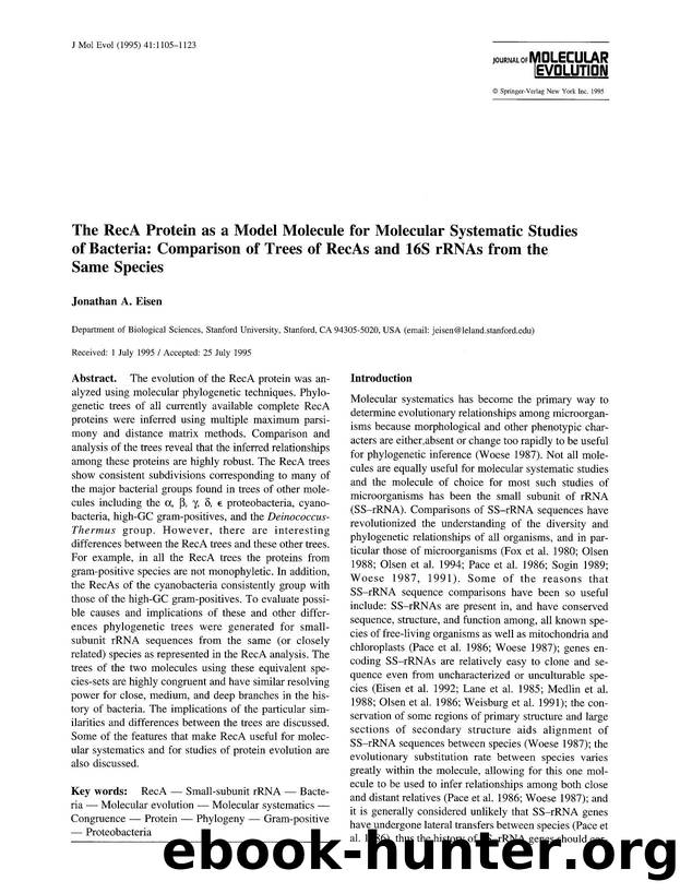 The RecA protein as a model molecule for molecular systematic studies of bacteria: Comparison of trees of RecAs and 16S rRNAs from the same species by Unknown