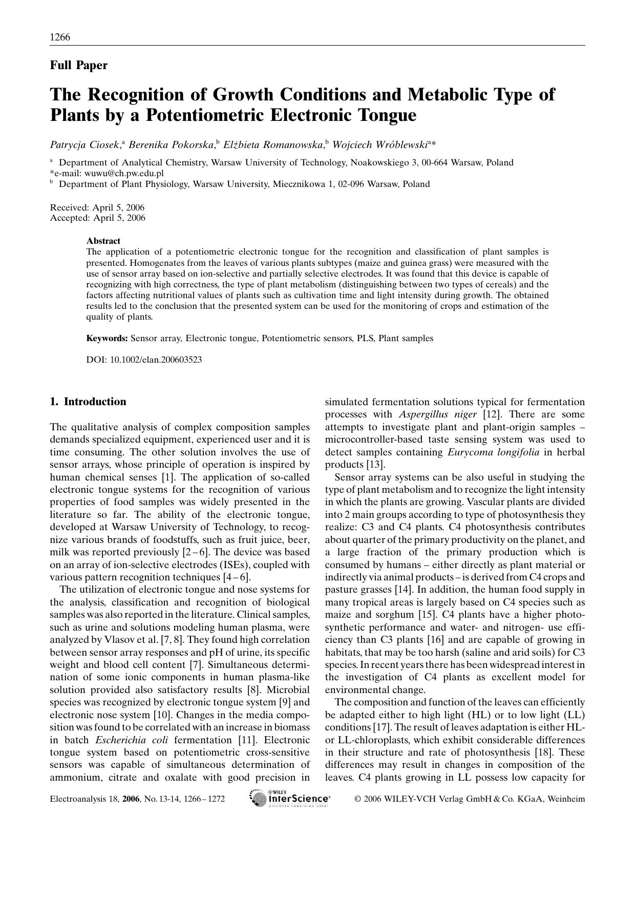 The Recognition of Growth Conditions and Metabolic Type of Plants by a Potentiometric Electronic Tongue by Unknown