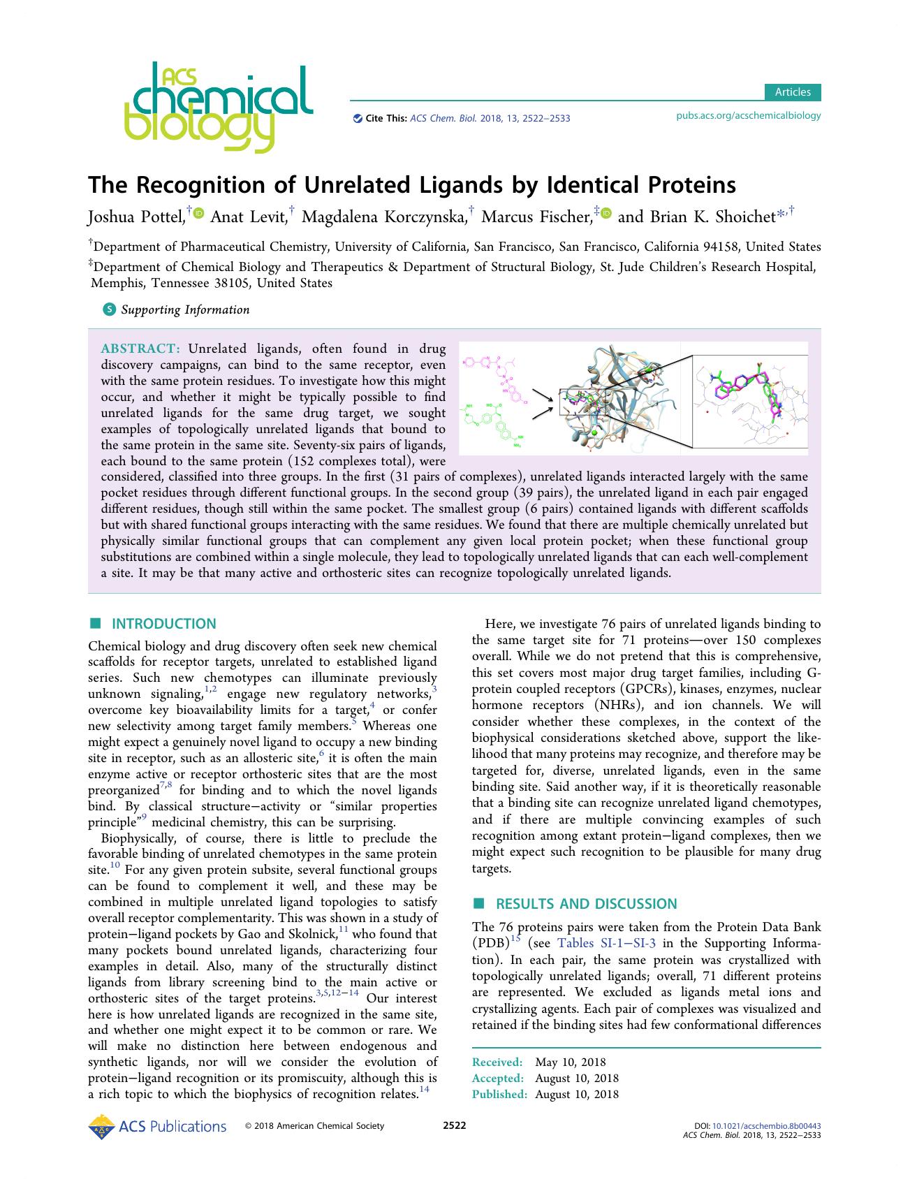 The Recognition of Unrelated Ligands by Identical Proteins by Joshua Pottel Anat Levit Magdalena Korczynska Marcus Fischer and Brian K. Shoichet