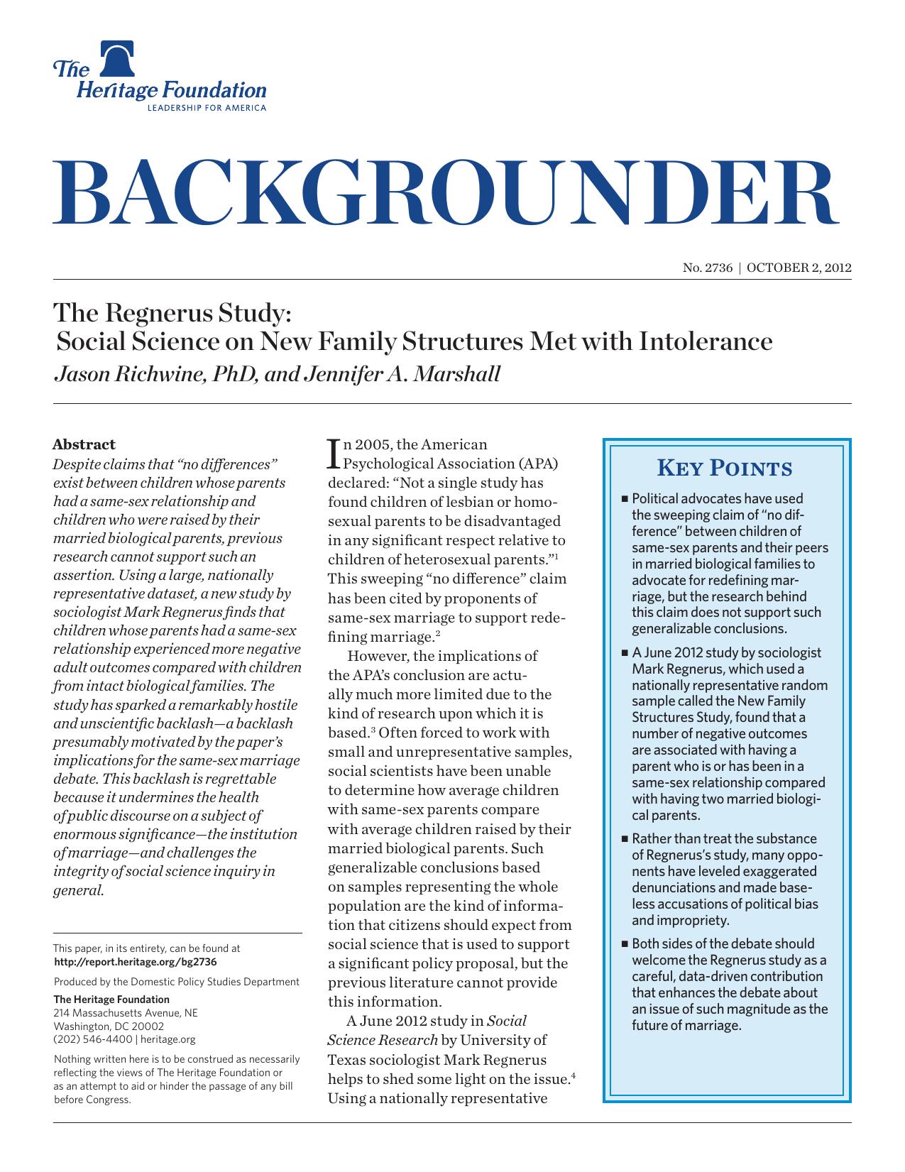 The Regnerus Study: Social Science on New Family Structures Met with Intolerance by Jason Richwine PhD and Jennifer A. Marshall