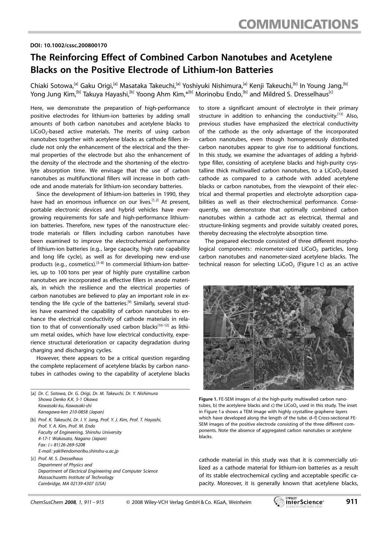The Reinforcing Effect of Combined Carbon Nanotubes and Acetylene Blacks on the Positive Electrode of Lithium-Ion Batteries by Unknown