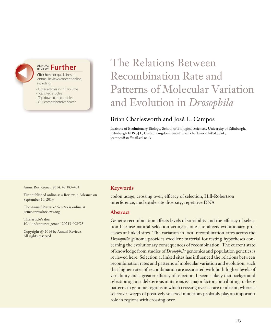 The Relations Between Recombination Rate and Patterns of Molecular Variation and Evolution in Drosophila by Brian Charlesworth and José L. Campos