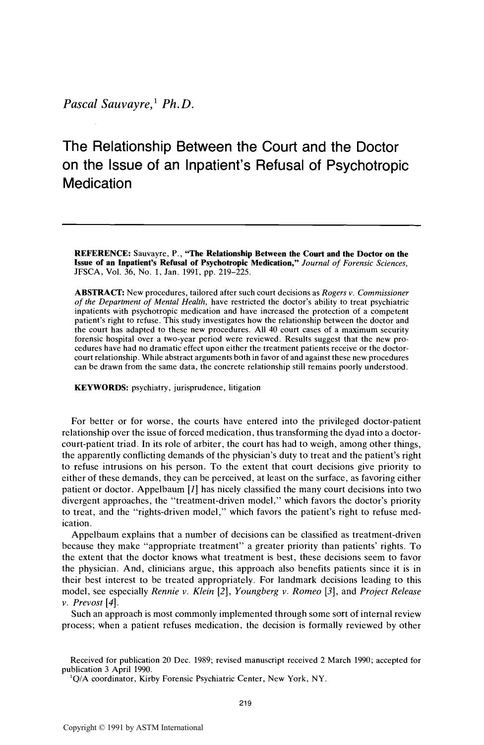 The Relationship Between the Court and the Doctor on the Issue of an Inpatient's Refusal of Psychotropic Medication by Sauvayre P