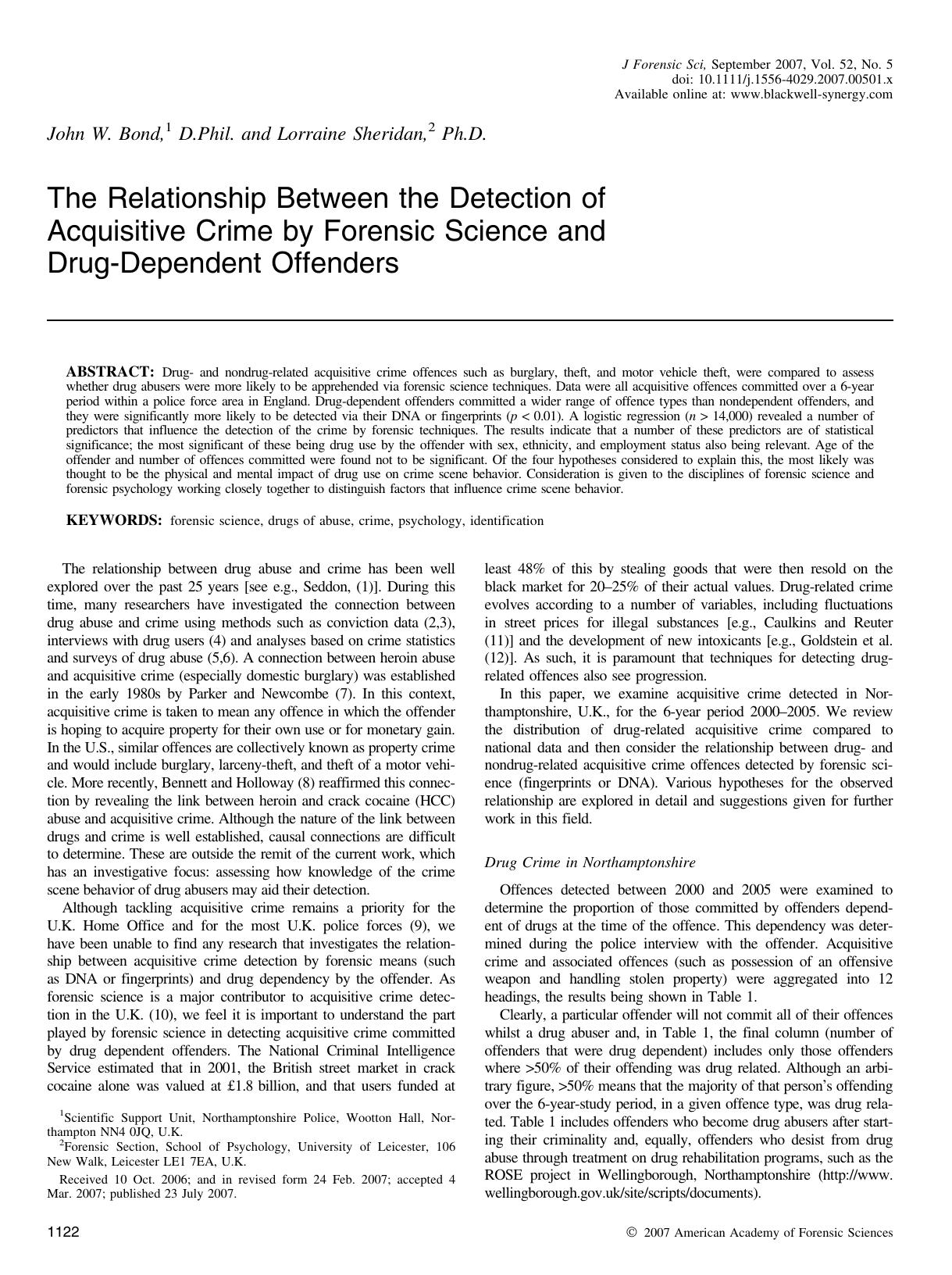 The Relationship Between the Detection of Acquisitive Crime by Forensic Science and Drug-Dependent Offenders by Unknown