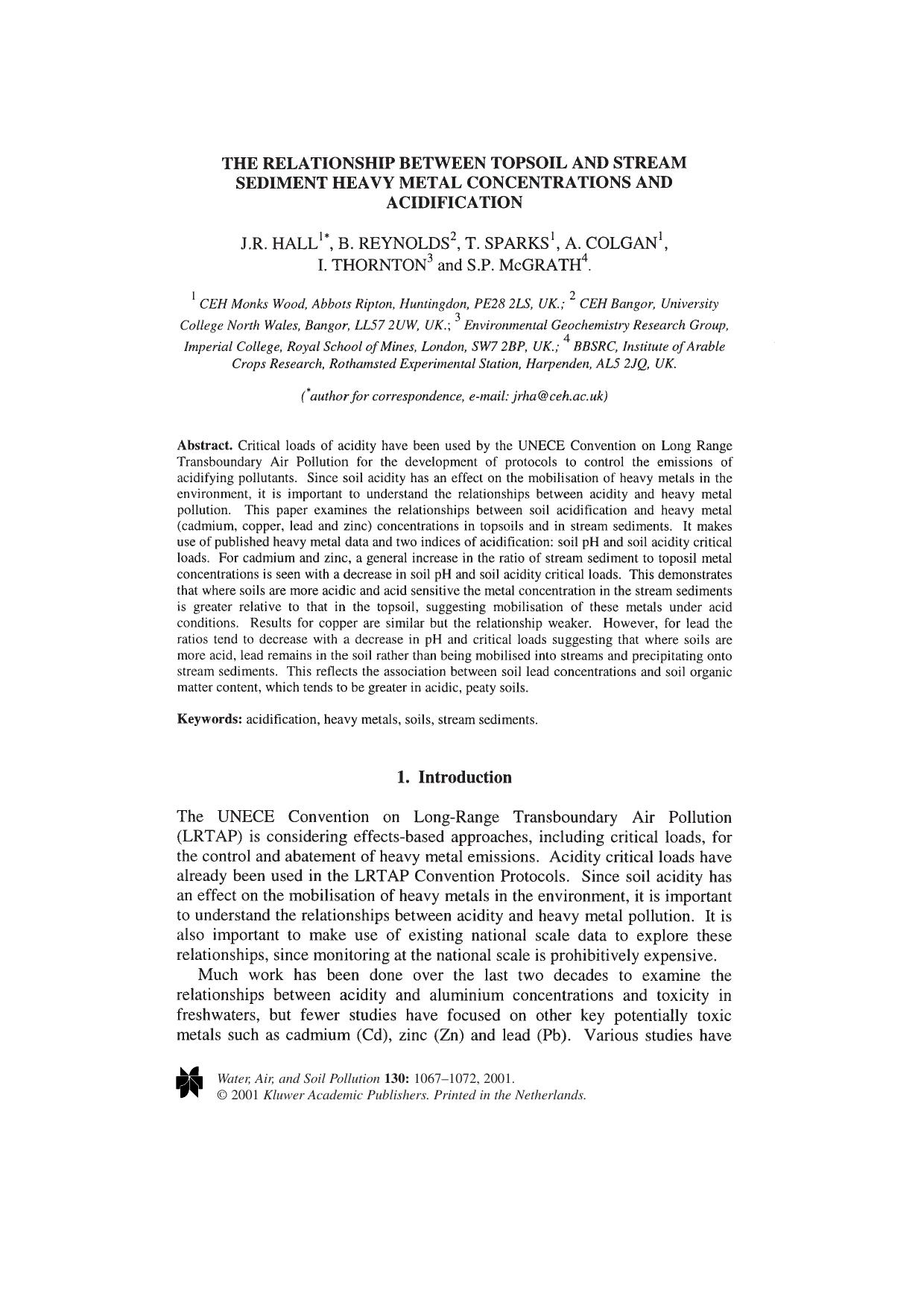 The Relationship between Topsoil and Stream Sediment Heavy Metal Concentrations and Acidification by Unknown