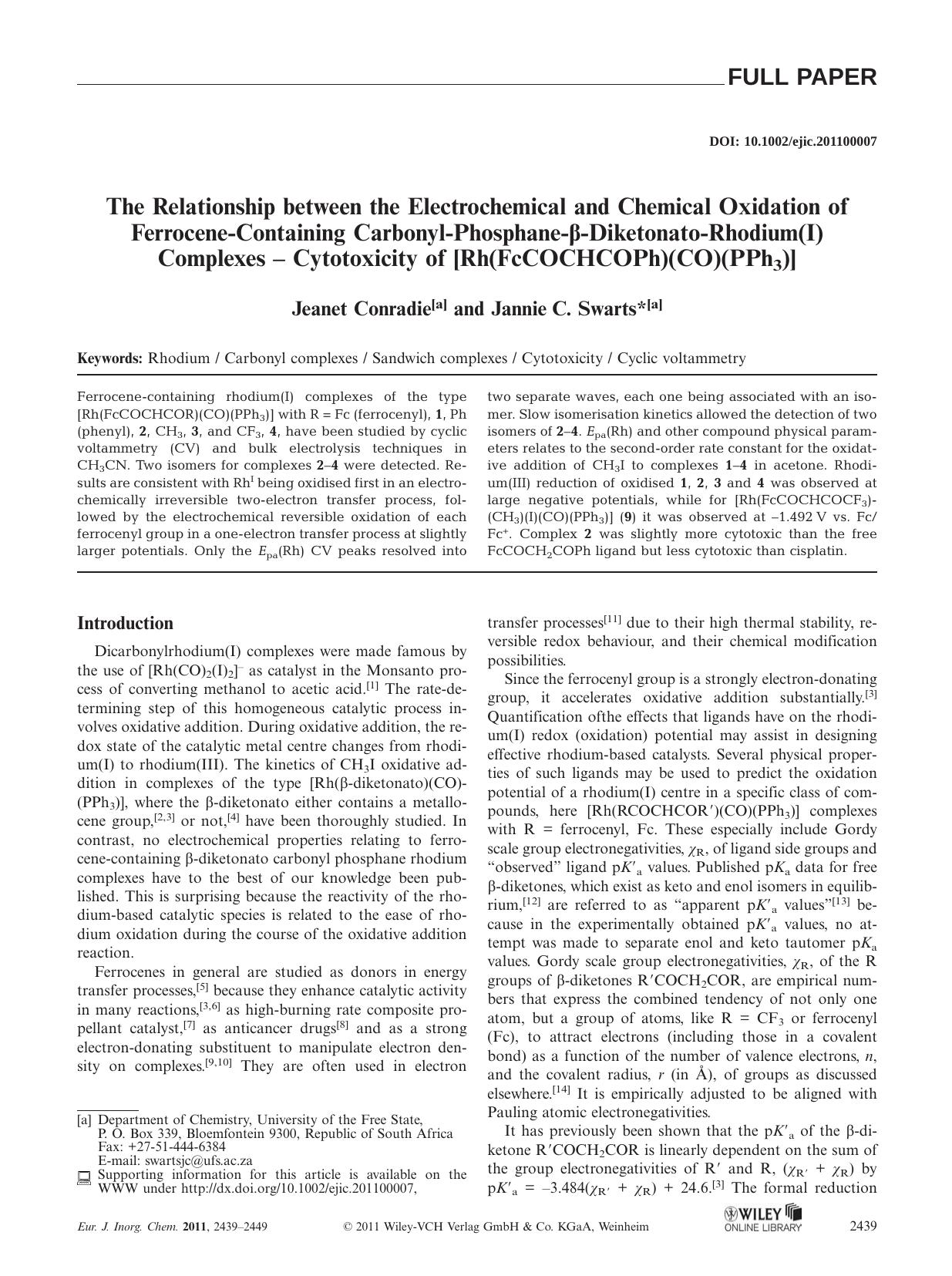 The Relationship between the Electrochemical and Chemical Oxidation of FerroceneContaining CarbonylPhosphaneDiketonatoRhodium(I) Complexes Cytotoxicity of [Rh(FcCOCHCOPh)(CO)(PPh3)] by Unknown