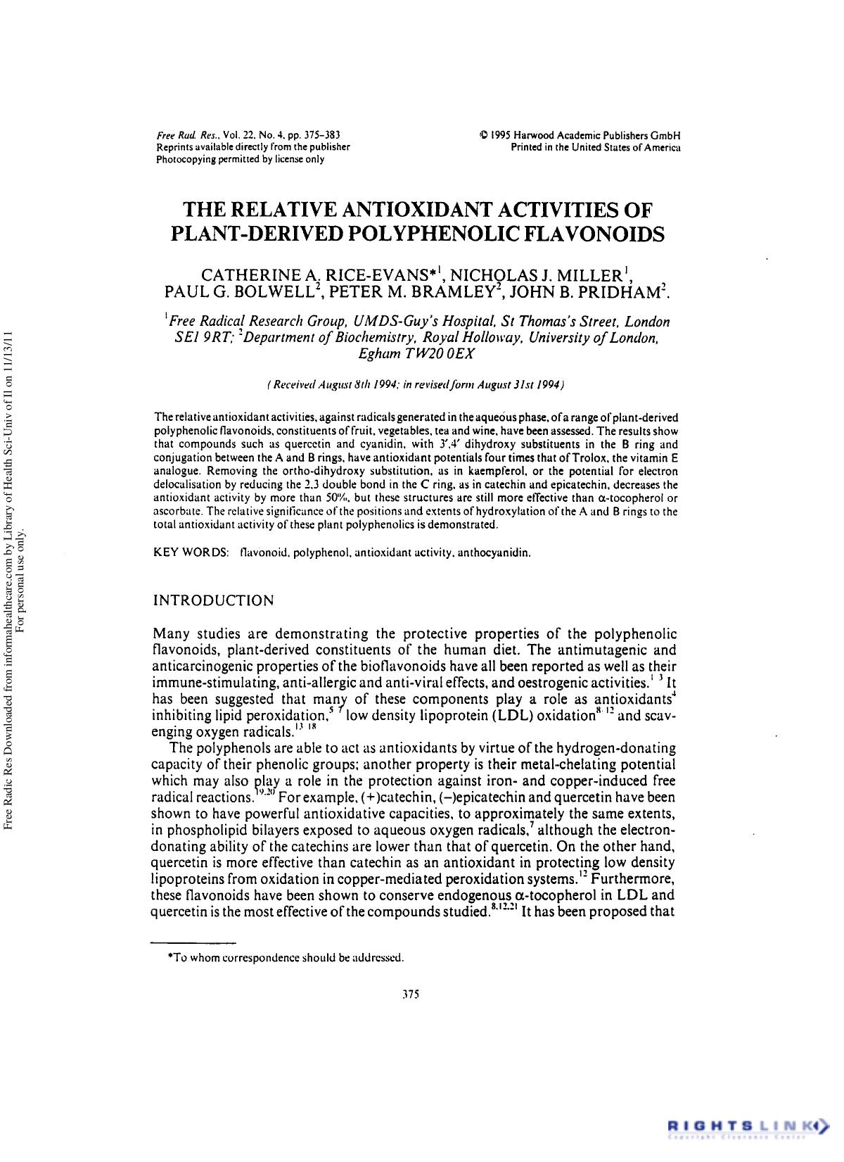 The Relative Antioxidant Activities of Plant-Derived Polyphenolic Flavonoids by unknow