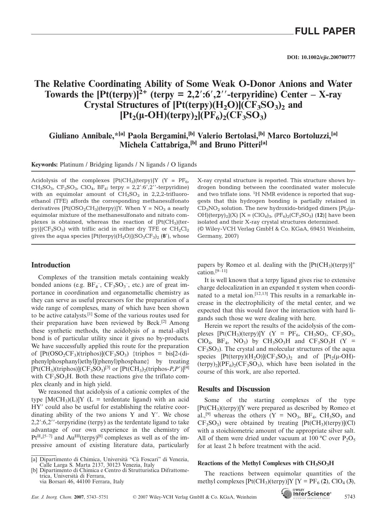 The Relative Coordinating Ability of Some Weak O-Donor Anions and Water Towards the [Pt(terpy)]2+ (terpy = 2,2[prime]:6[prime],2[Prime]-terpyridine) Center - X-ray Crystal Structur by Unknown