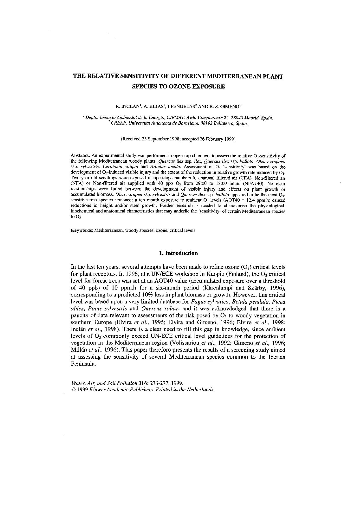 The Relative Sensitivity of Different Mediterranean Plant Species to Ozone Exposure by Unknown