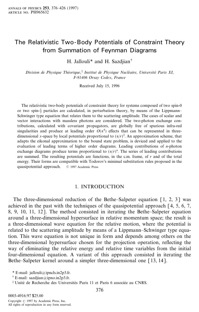 The Relativistic Two-Body Potentials of Constraint Theory from Summation of Feynman Diagrams by Jallouli H. et al