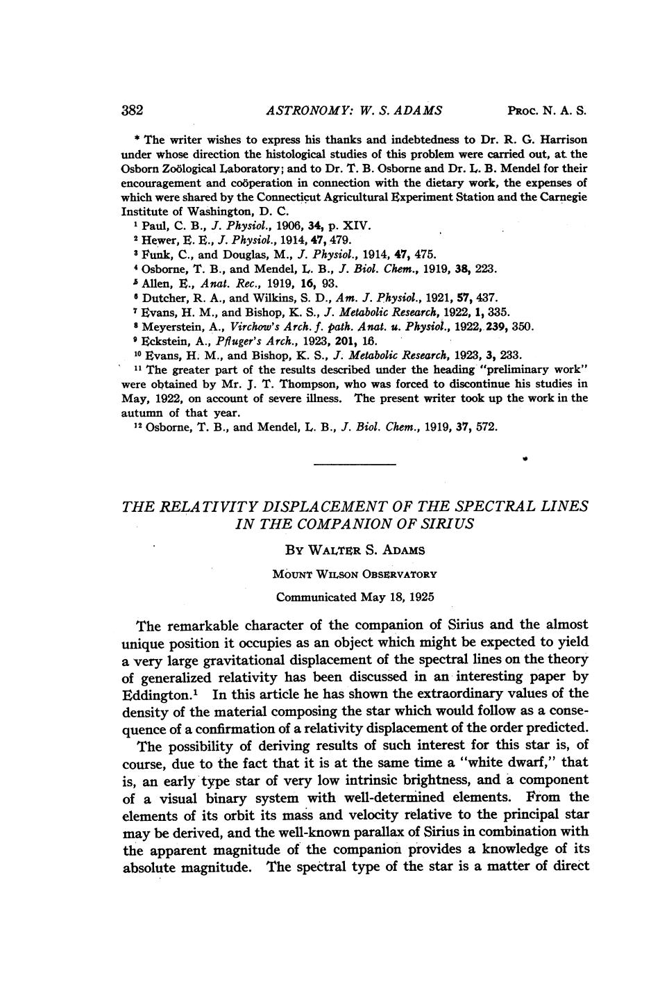 The Relativity Displacement of the Spectral Lines in the Companion of Sirius by Adams W.S