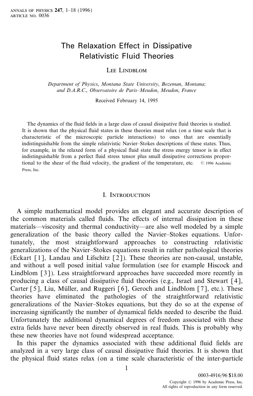 The Relaxation Effect in Dissipative Relativistic Fluid Theories by Lindblom L