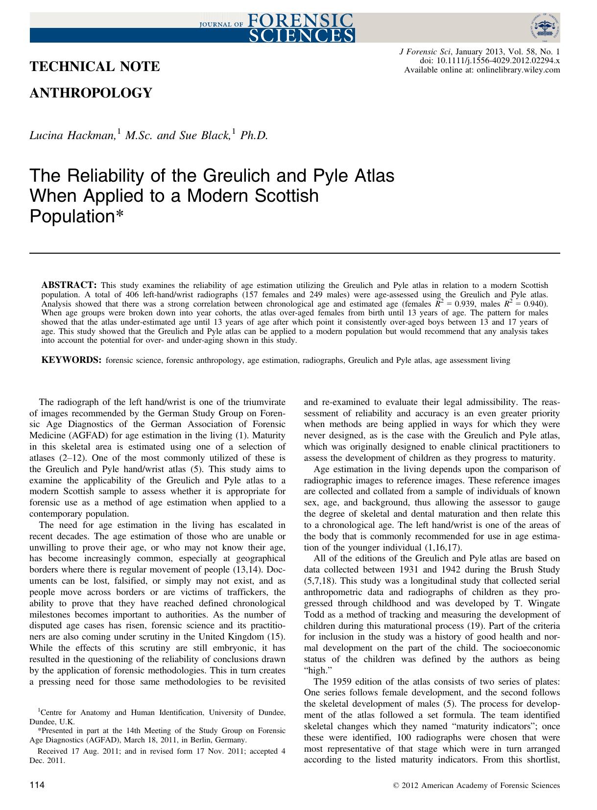 The Reliability of the Greulich and Pyle Atlas When Applied to a Modern Scottish Population by Unknown