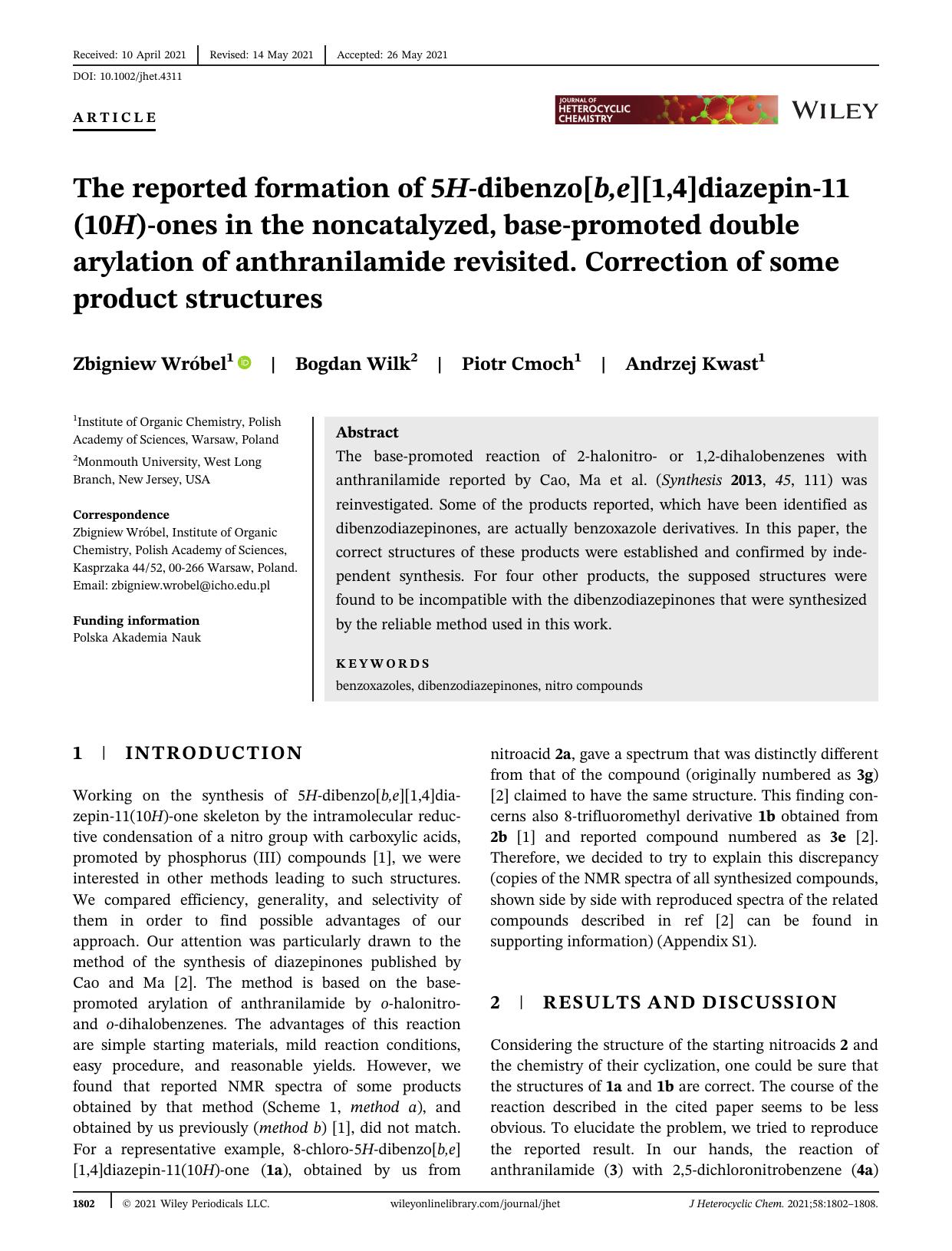 The Reported Formation of 5H-Dibenzo[b,e][1,4]diazepin-11(10H)-ones in the Non-Catalysed, Base-Promoted Double Arylation of Anthranilamide Revisited. Correction of Some Product Structures. by Unknown