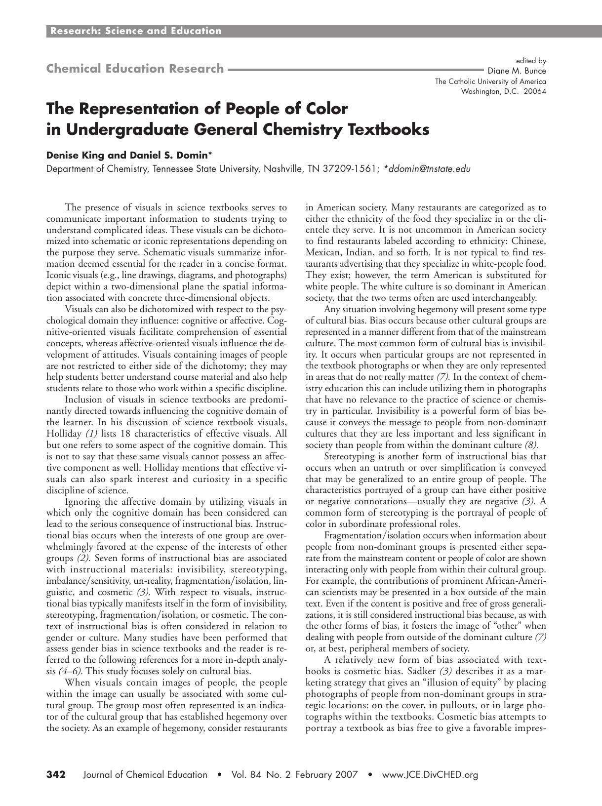 The Representation of People of Color in Undergraduate General Chemistry Textbooks by Denise King and Daniel S. Domin