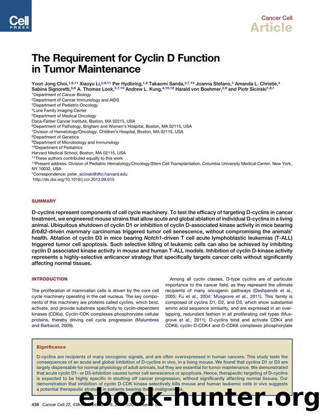 The Requirement for Cyclin D Function in Tumor Maintenance by Yoon Jong Choi et al