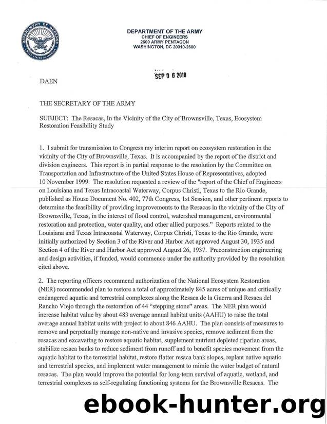The Resacas, In the Vicinity of the City of Brownsville, Texas, Ecosystem Restoration Feasibility Study Chief's Report by Unknown