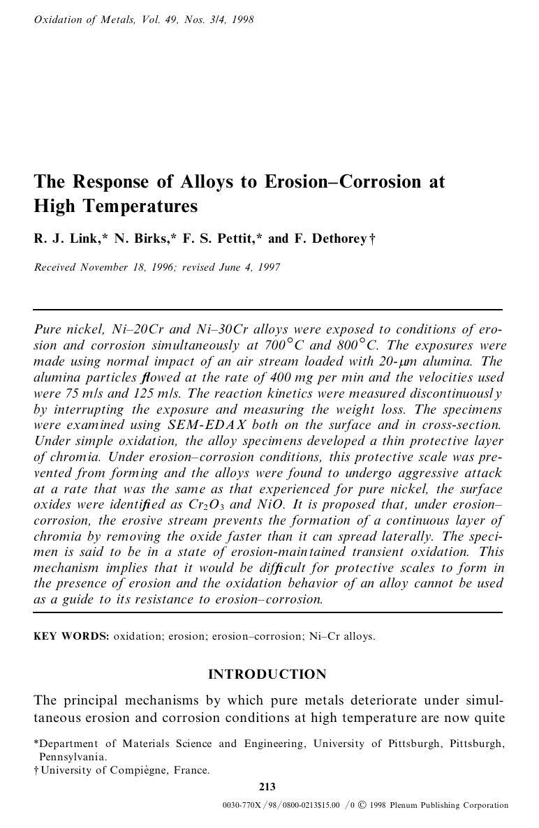 The Response of Alloys to Erosion-Corrosion at High Temperatures by Unknown