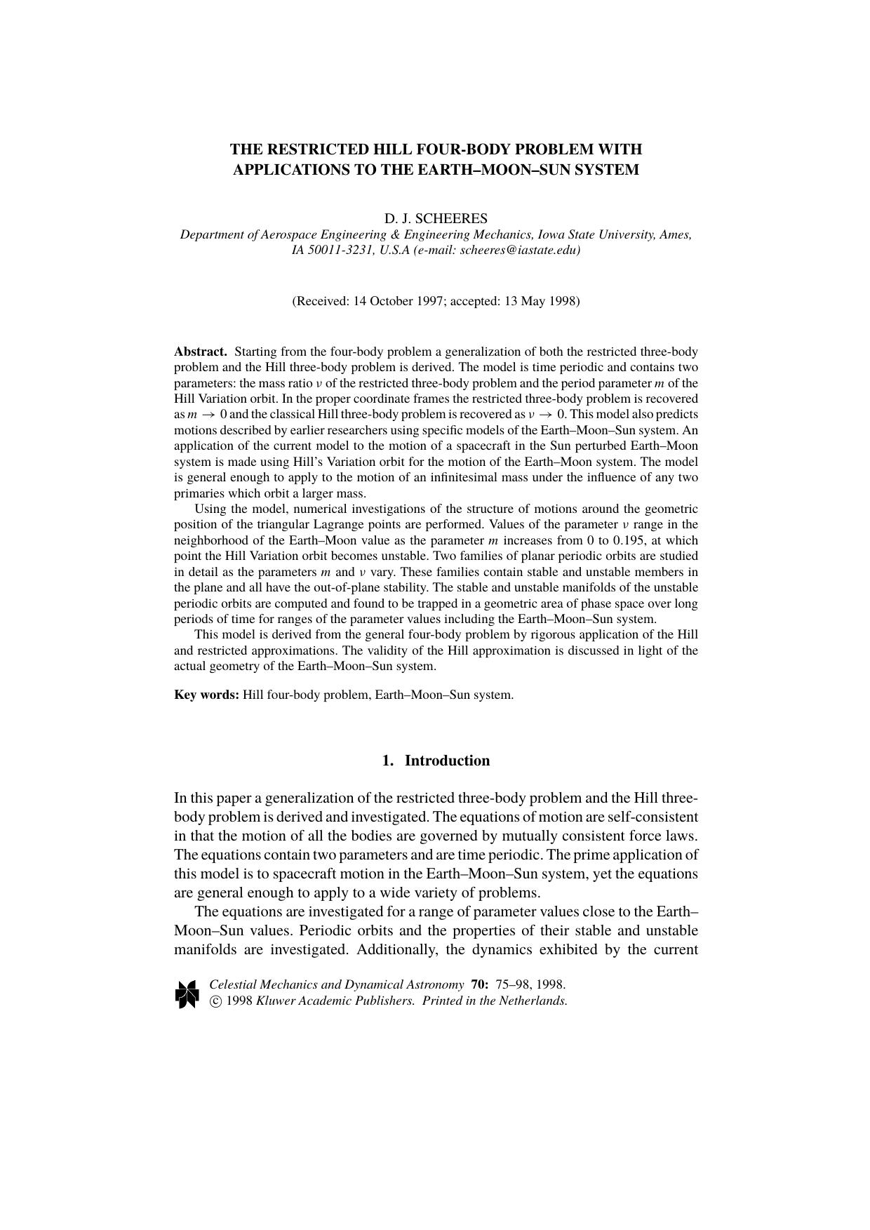 The Restricted Hill Four-Body Problem with Applications to the Earth&#x2013;Moon&#x2013;Sun System by Unknown