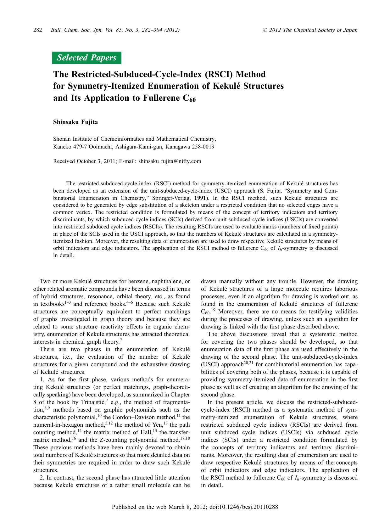 The Restricted-Subduced-Cycle-Index (RSCI) Method for Symmetry-Itemized Enumeration of KekulÃ© Structures and Its Application to Fullerene C60 by Shinsaku Fujita