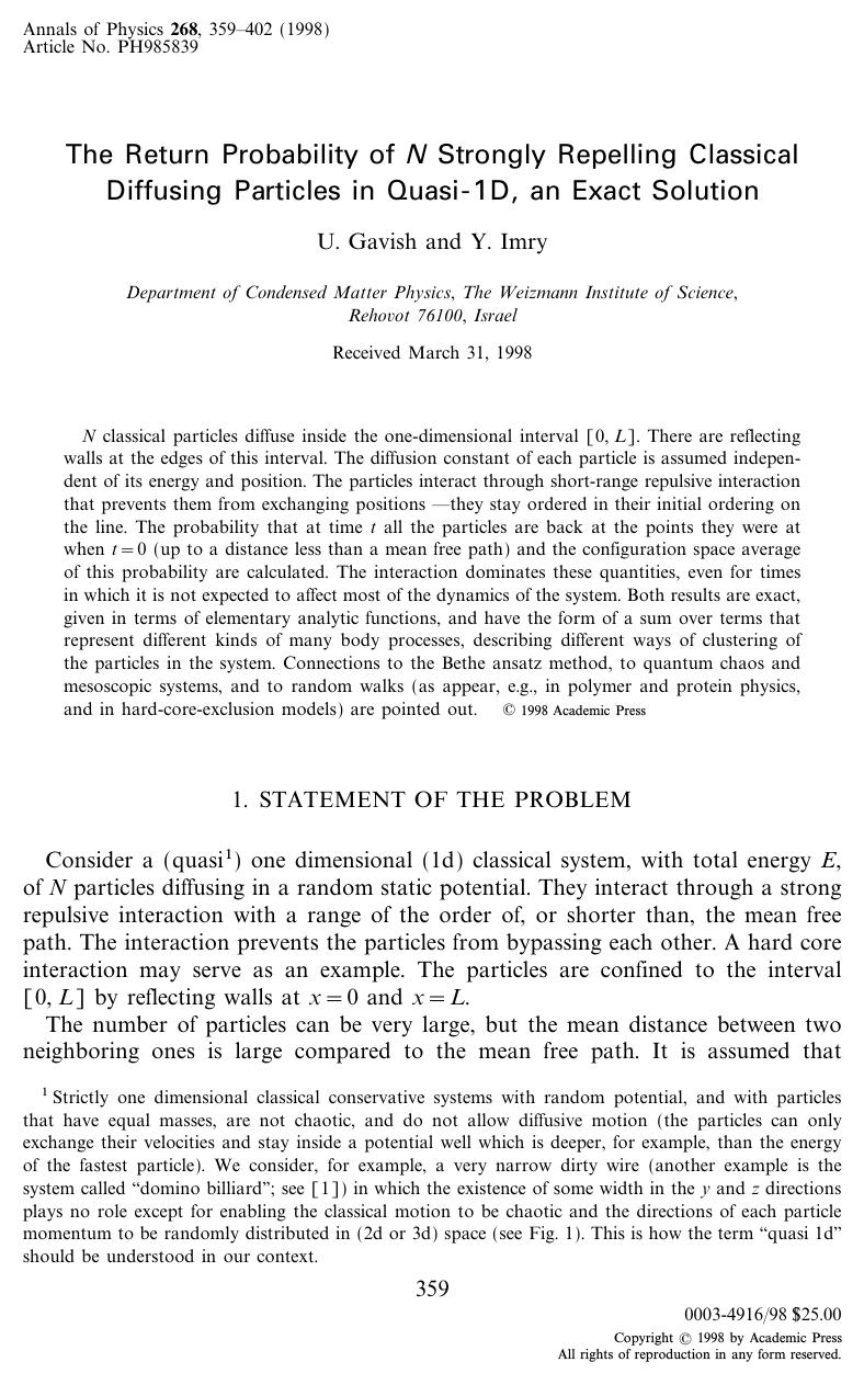 The Return Probability of N Strongly Repelling Classical Diffusing Particles in Quasi - 1D, an Exact Solution by Gavish U. et al