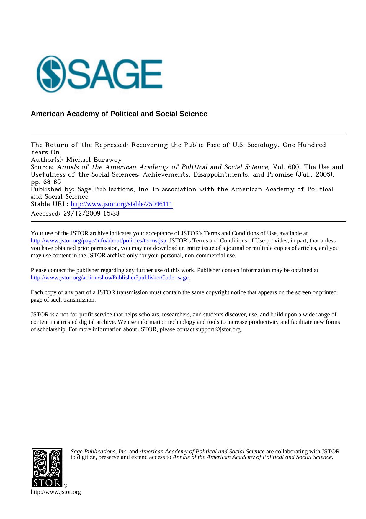 The Return of the Repressed: Recovering the Public Face of U.S. Sociology, One Hundred Years On by Unknown