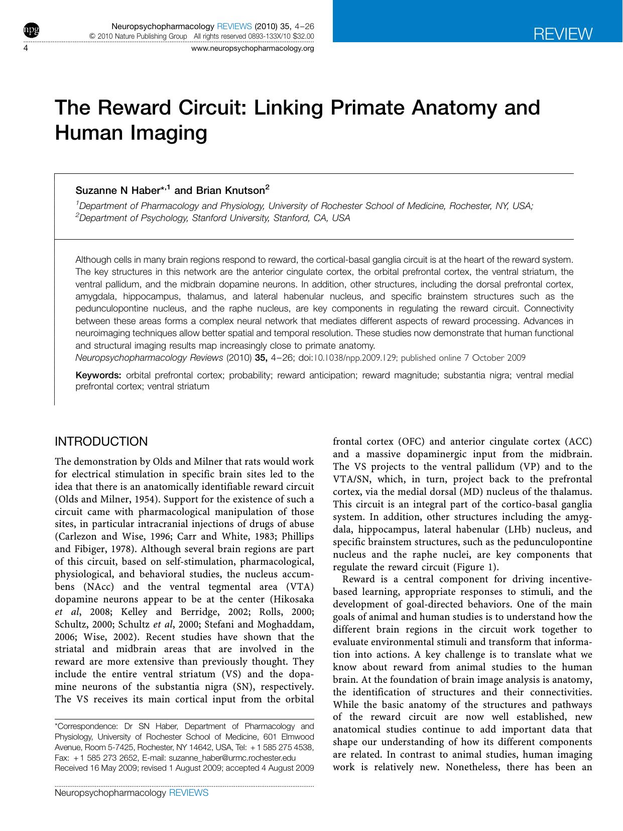 The Reward Circuit: Linking Primate Anatomy and Human Imaging by Suzanne N Haber & Brian Knutson