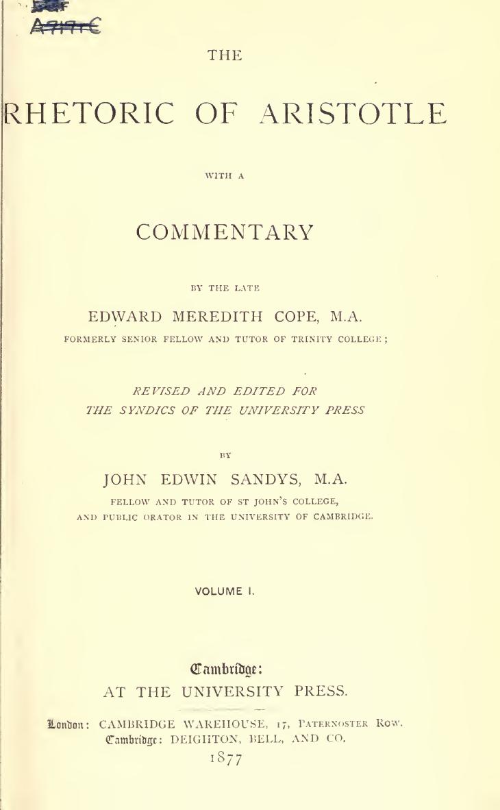 The Rhetoric of Aristotle vol.I by E.M. Cope