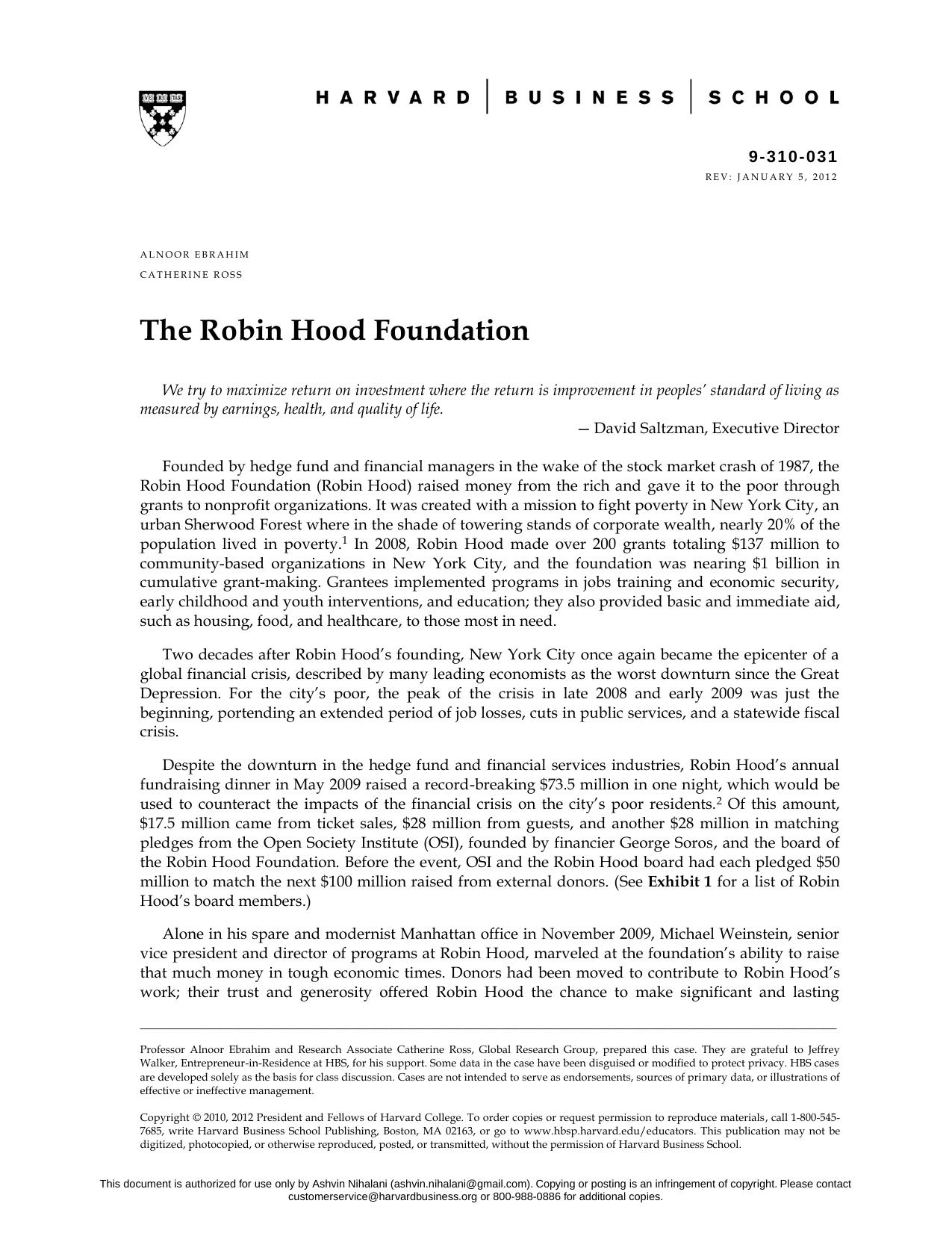 The Robin Hood Foundation by Alnoor Ebrahim and Catherine Ross