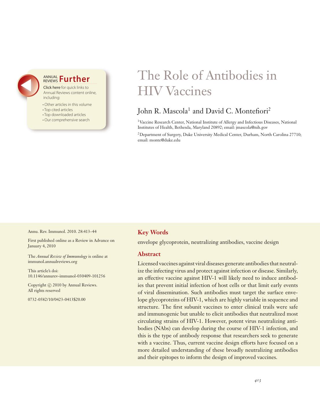 The Role of Antibodies in HIV Vaccines by John R. Mascola1 and David C. Montefiori2