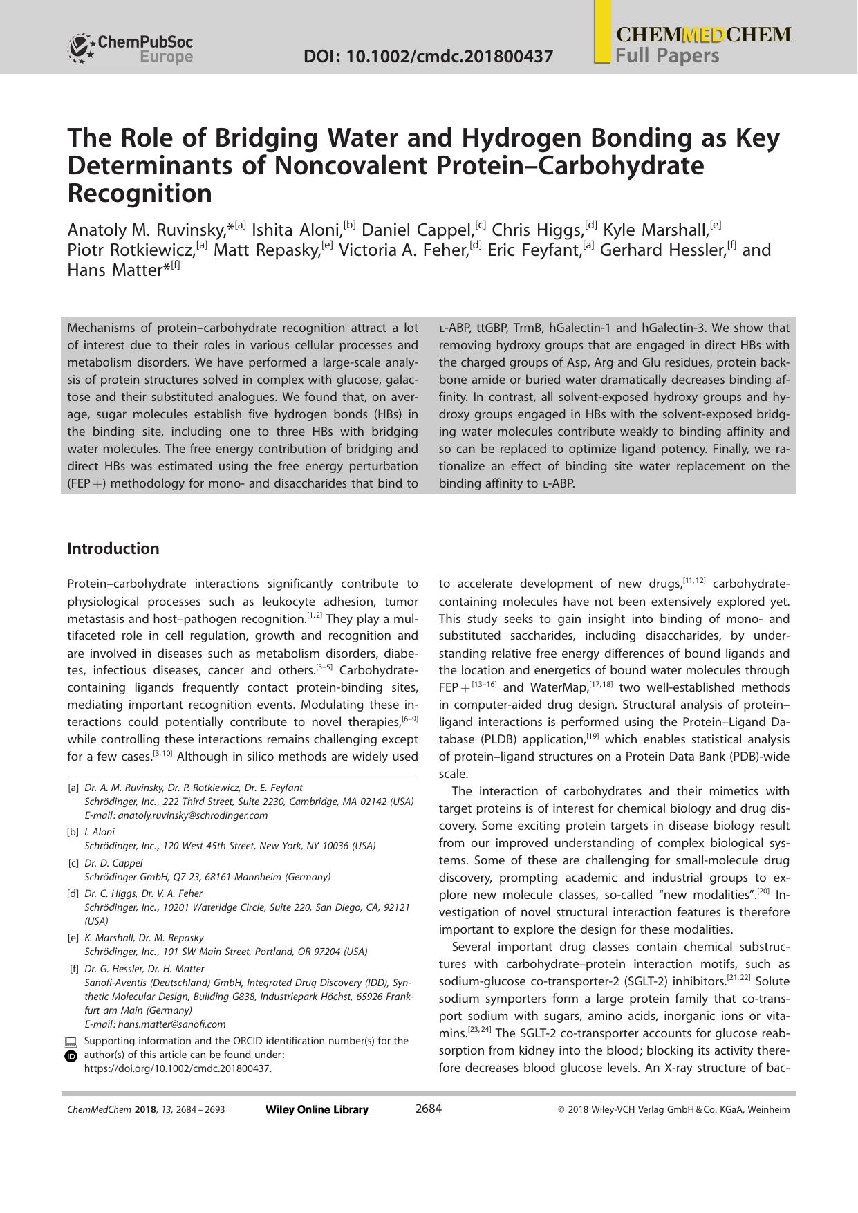 The Role of Bridging Water and Hydrogen Bonding as Key Determinants of Noncovalent ProteinâCarbohydrate Recognition by Unknown