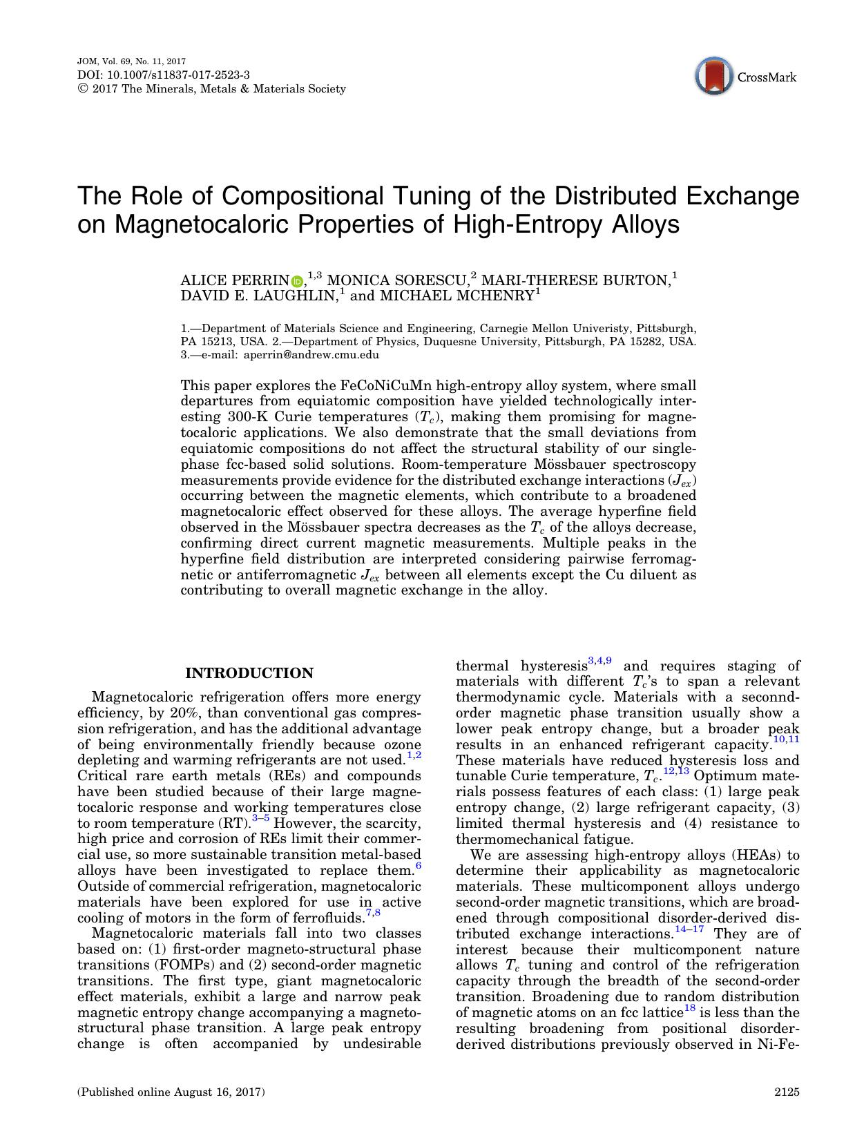 The Role of Compositional Tuning of the Distributed Exchange on Magnetocaloric Properties of High-Entropy Alloys by Alice Perrin & Monica Sorescu & Mari-Therese Burton & David E. Laughlin & Michael McHenry