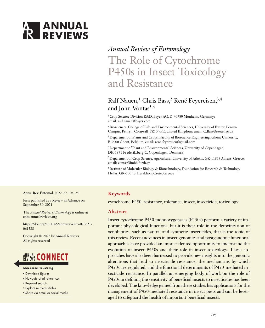 The Role of Cytochrome P450s in Insect Toxicology and Resistance by Ralf Nauen Chris Bass René Feyereisen John Vontas