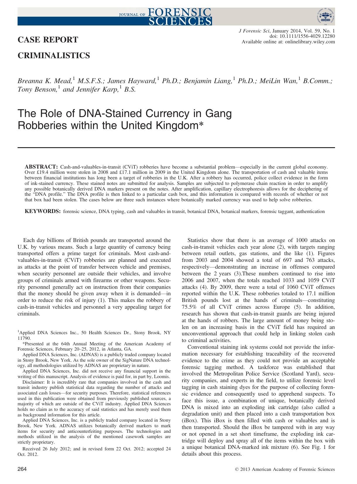 The Role of DNAStained Currency in Gang Robberies within the United Kingdom by Unknown