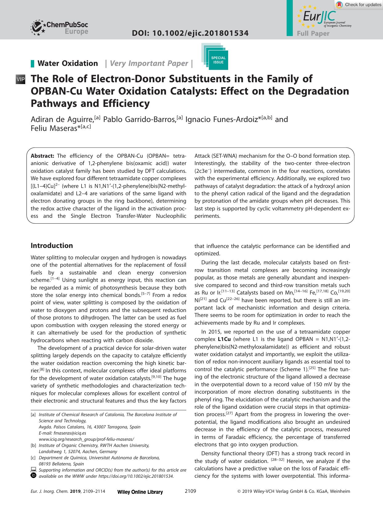 The Role of ElectronâDonor Substituents in the Family of OPBANâCu Water Oxidation Catalysts: Effect on the Degradation Pathways and Efficiency by Unknown
