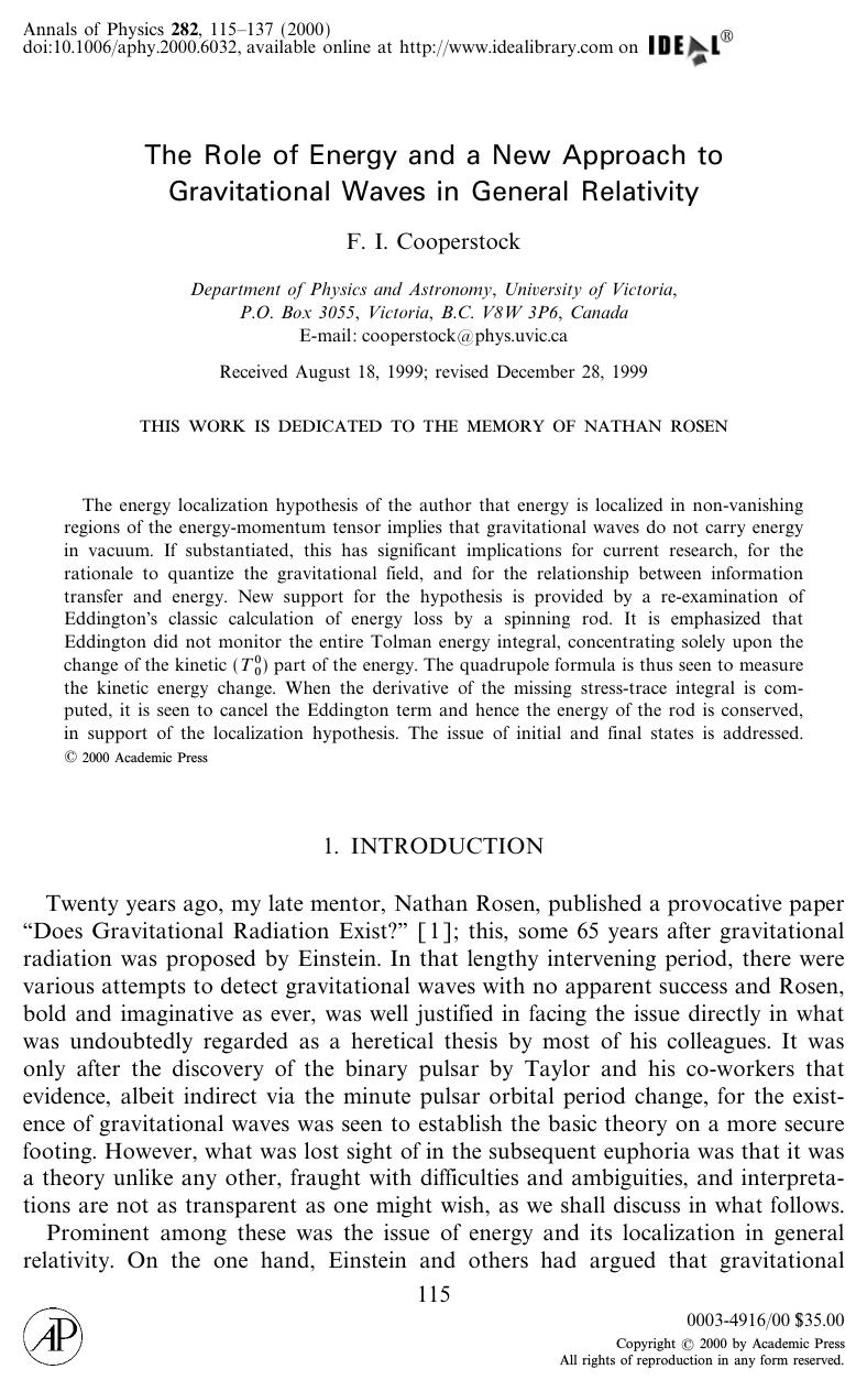The Role of Energy and a New Approach to Gravitational Waves in General Relativity by Cooperstock F. I