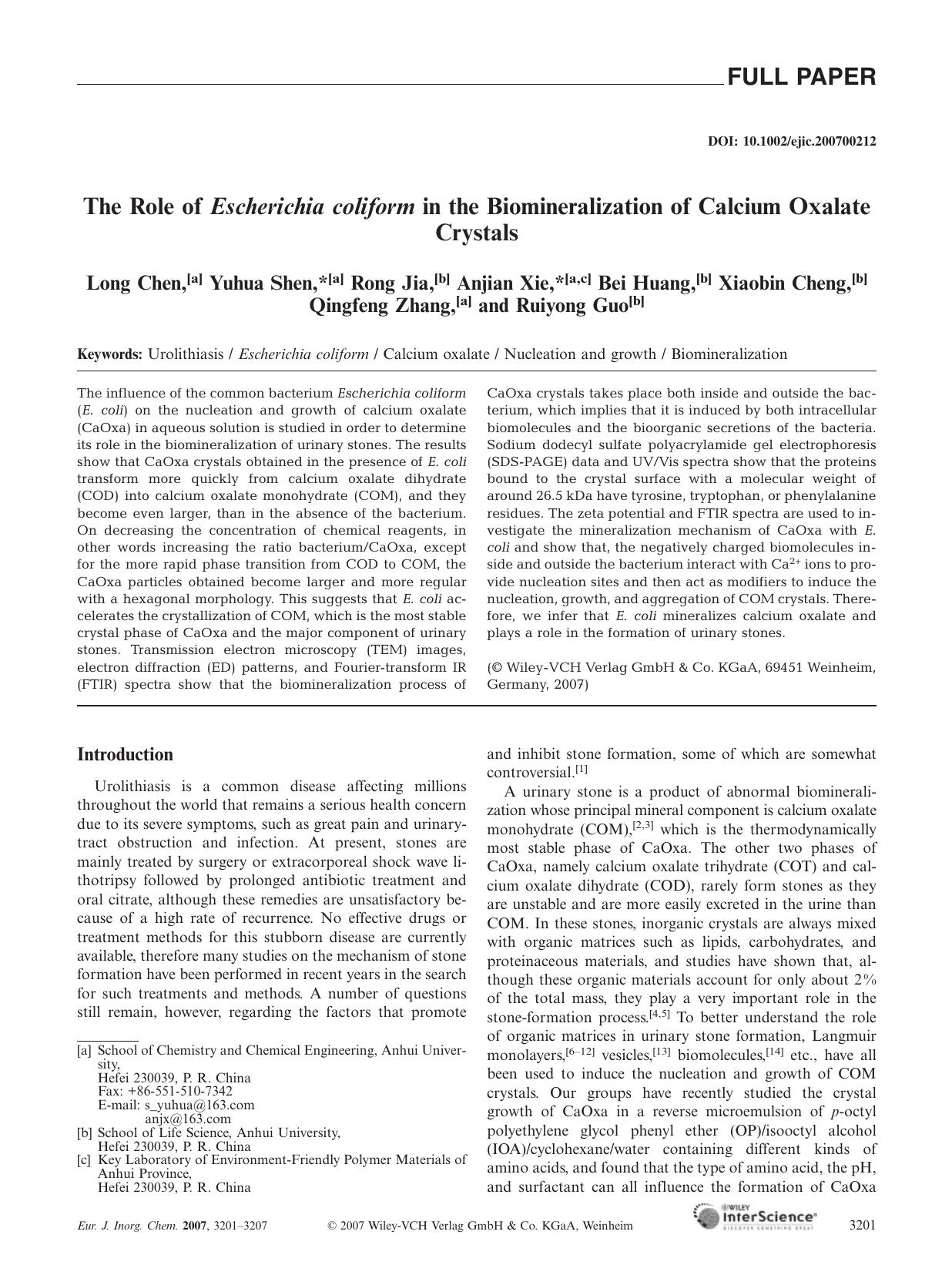 The Role of Escherichia coliform in the Biomineralization of Calcium Oxalate Crystals by Unknown