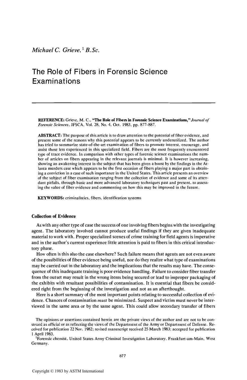 The Role of Fibers in Forensic Science Examinations by Grieve MC