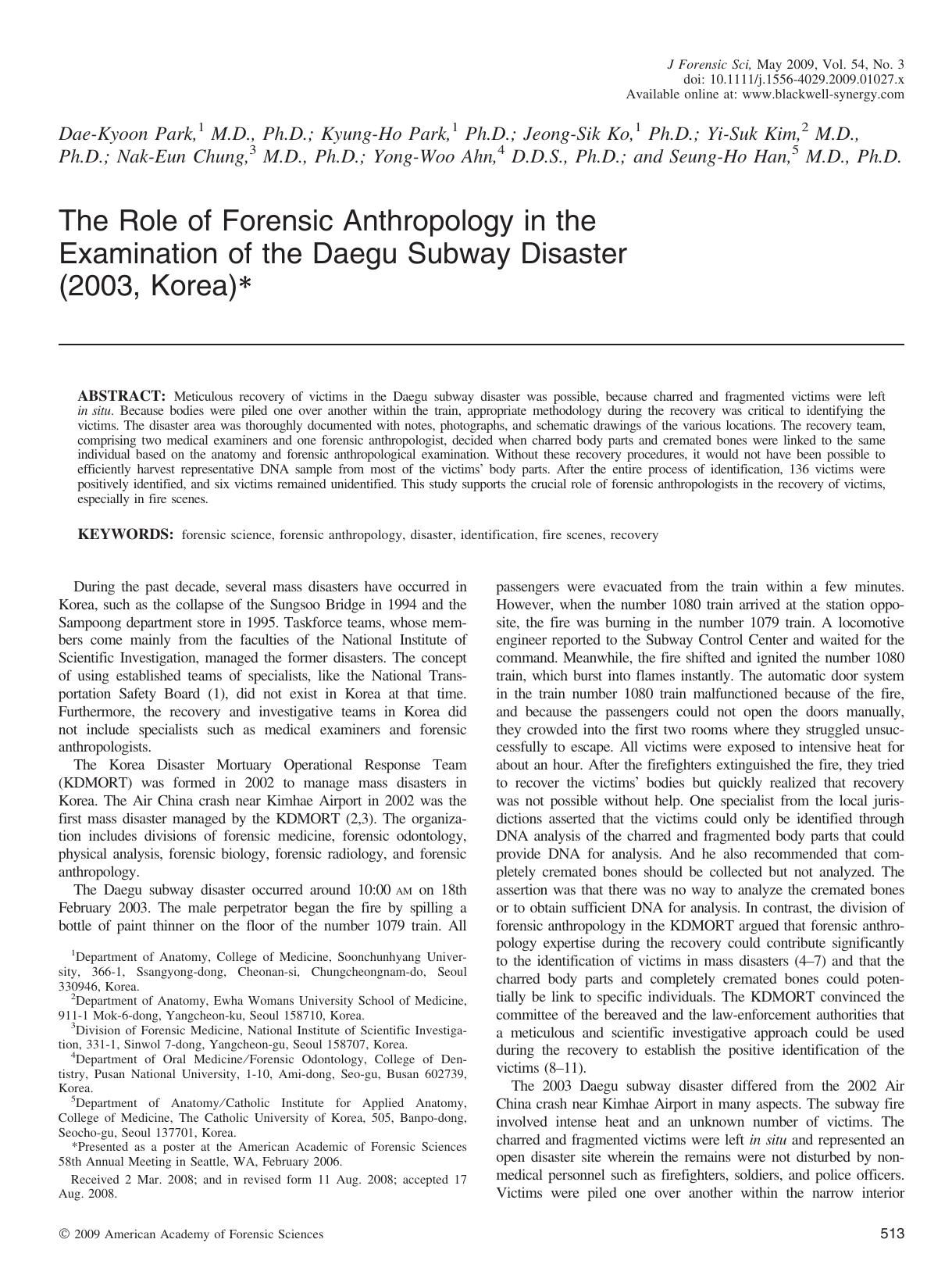The Role of Forensic Anthropology in the Examination of the Daegu Subway Disaster (2003, Korea)* by Unknown