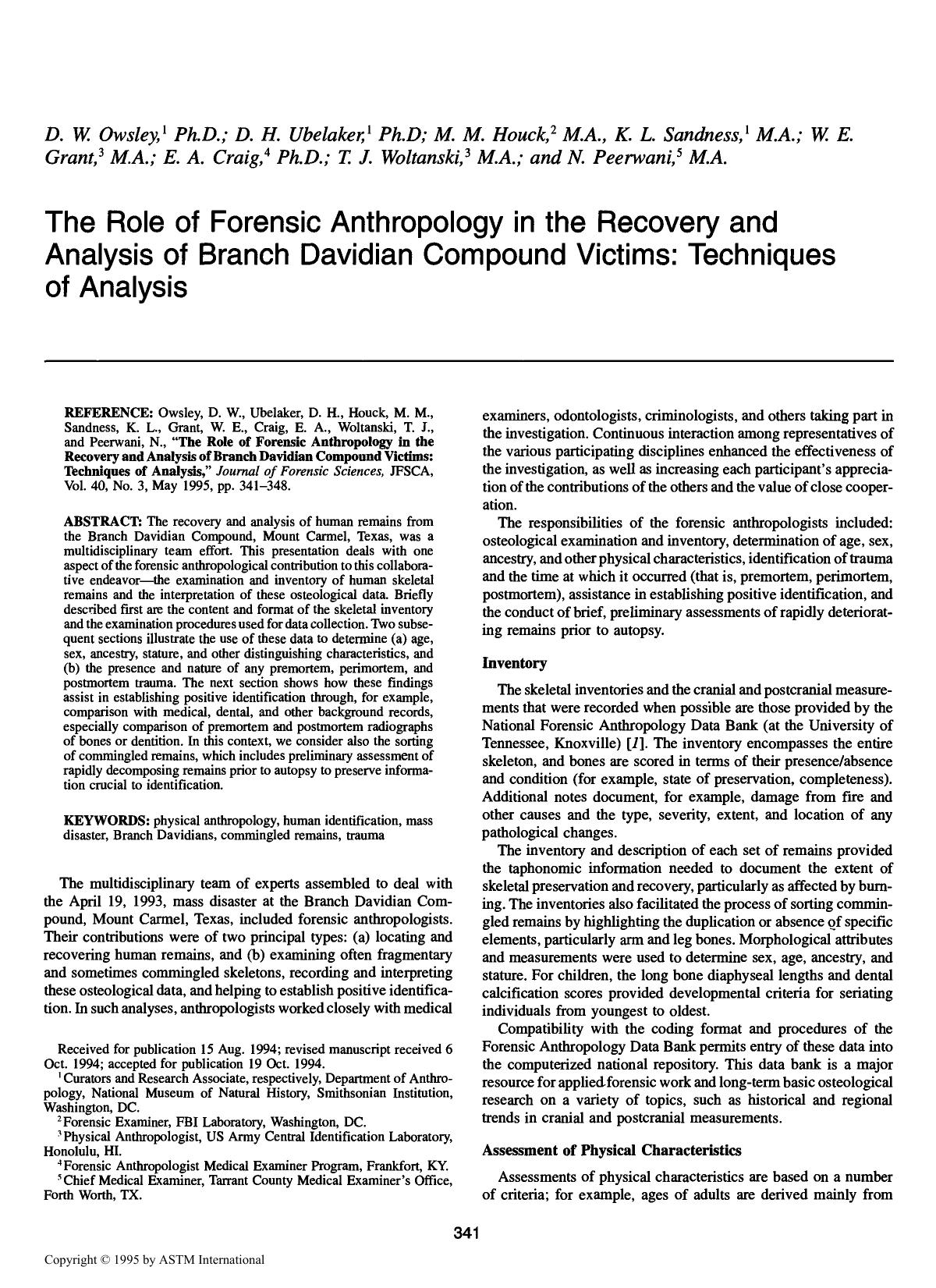 The Role of Forensic Anthropology in the Recovery and Analysis of Branch Davidian Compound Victims: Techniques of Analysis by Owsley DW Ubelaker DH Houck MM Sandness KL Grant WE Craig EA Woltanski TJ Peerwani N