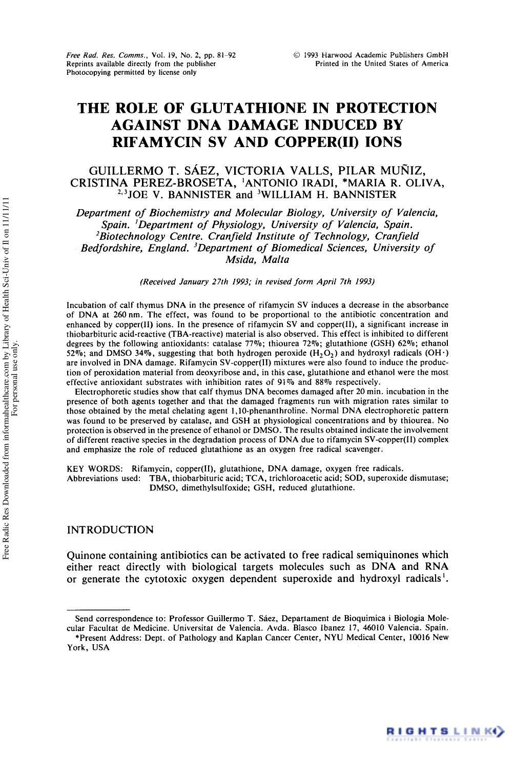 The Role of Glutathione in Protection against DNA Damage Induced by Rifamycin SV And Copper(II) Ions by unknow