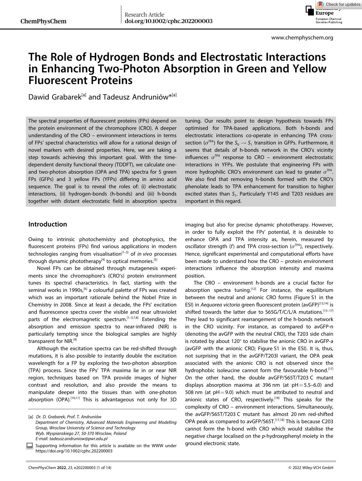 The Role of Hydrogen Bonds and Electrostatic Interactions in Enhancing TwoâPhoton Absorption in Green and Yellow Fluorescent Proteins by Unknown