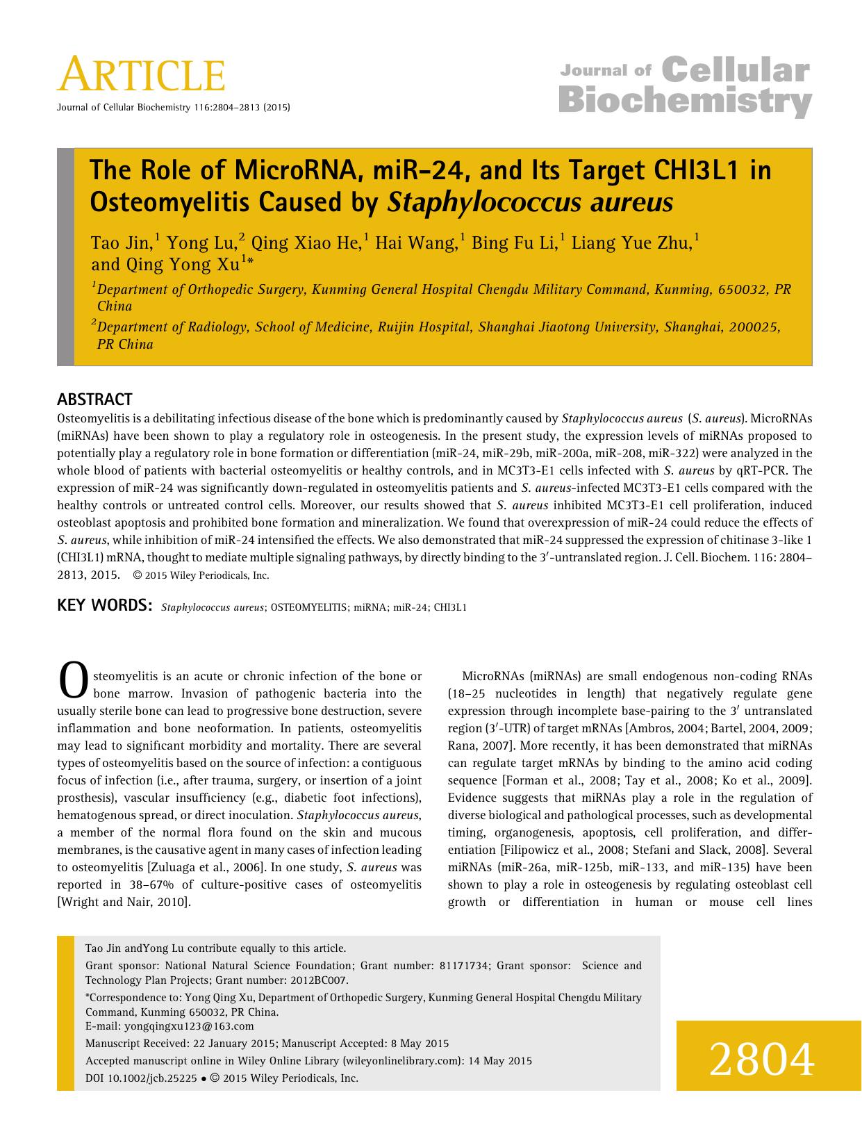 The Role of MicroRNA, miR-24, and Its Target CHI3L1 in Osteomyelitis Caused by Staphylococcus aureus by Unknown