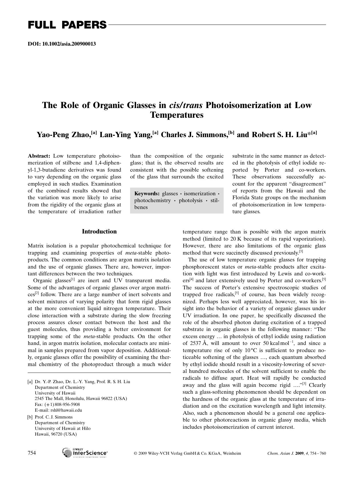The Role of Organic Glasses in cistrans Photoisomerization at Low Temperatures by Unknown