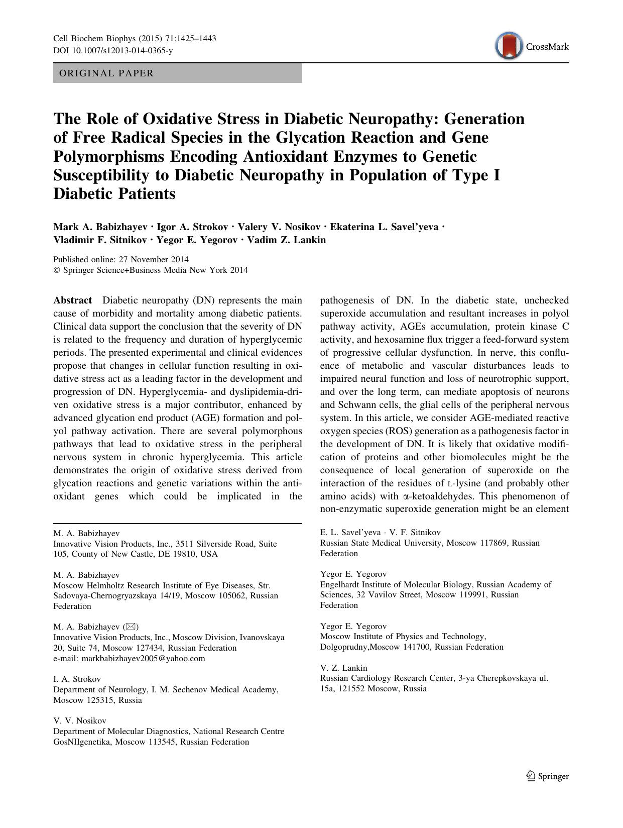 The Role of Oxidative Stress in Diabetic Neuropathy: Generation of Free Radical Species in the Glycation Reaction and Gene Polymorphisms Encoding Antioxidant Enzymes to Genetic Sus by unknow