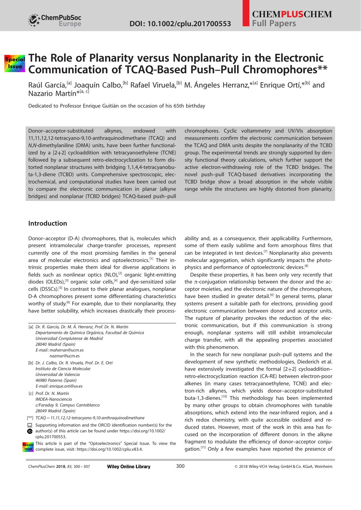 The Role of Planarity versus Nonplanarity in the Electronic Communication of TCAQâBased PushâPull Chromophores by Unknown