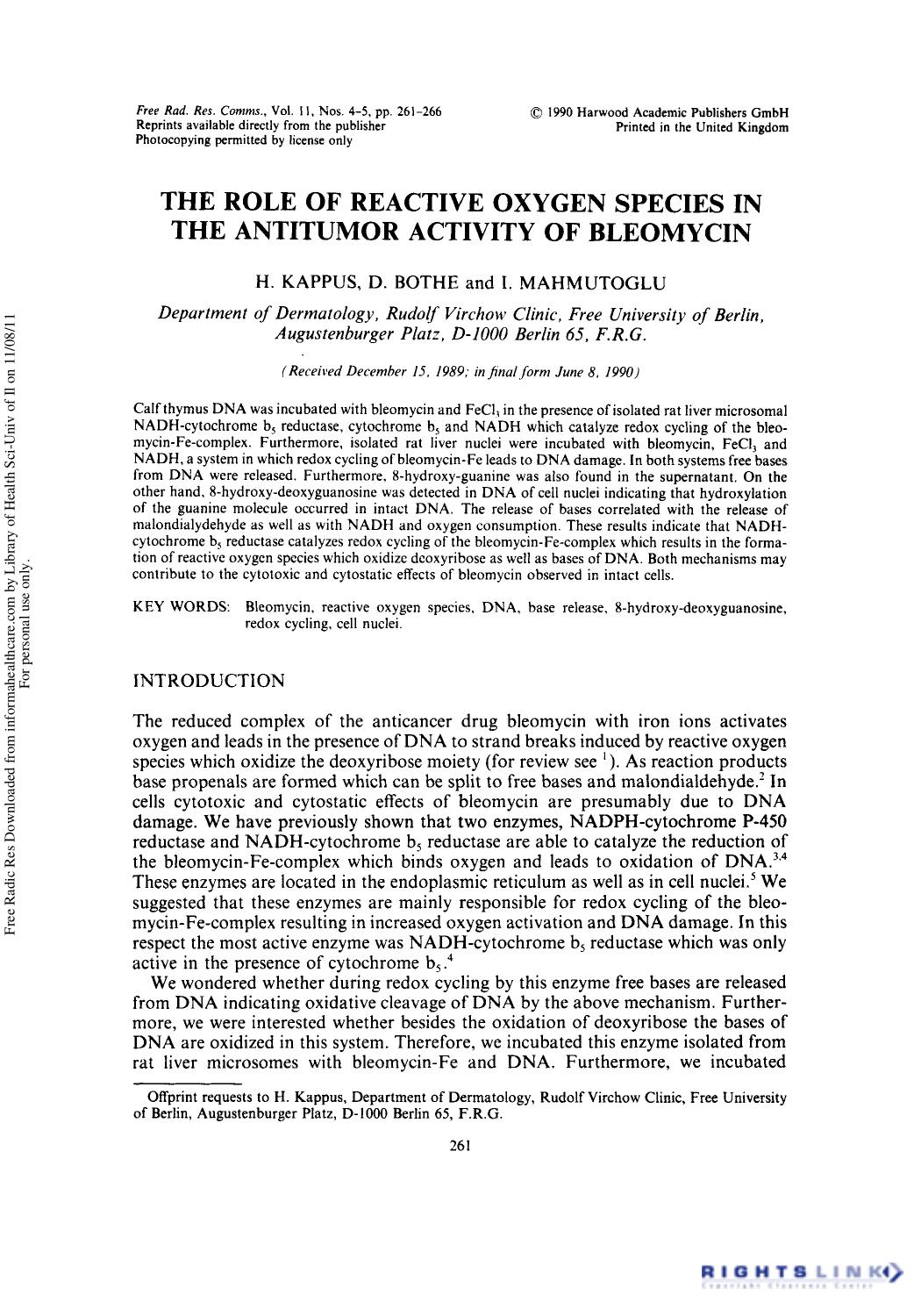The Role of Reactive Oxygen Species in the Antitumor Activity of Bleomycin by H. Kappus1 D. Bothe1 & I. Mahmutoglu1