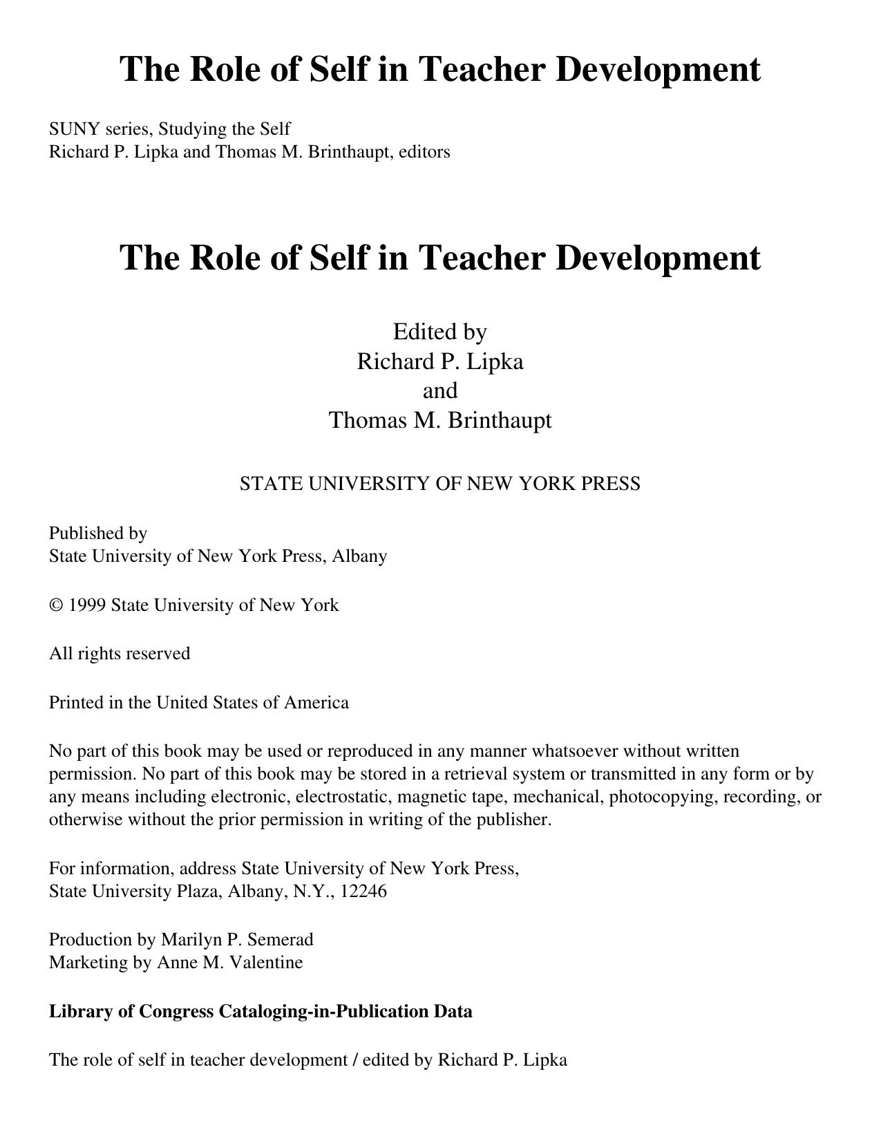 The Role of Self in Teacher Development by Richard P. Lipka; Thomas M. Brinthaupt