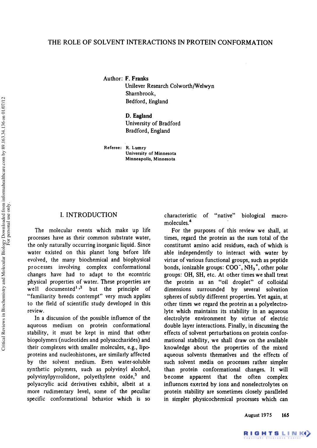 The Role of Solvent Interactions in Protein Conformatio by F. Franks D. Eagland & R. Lumry